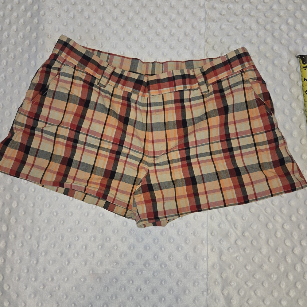 AMERICAN‎ EAGLE Sz 8 Stretch Cotton Plaid Madras Shorts Orange Khaki